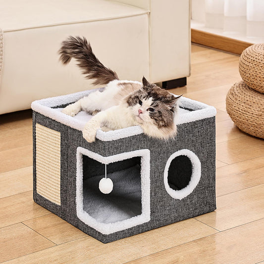 CASA PARA GATO CON POMPÓN COLGANTE