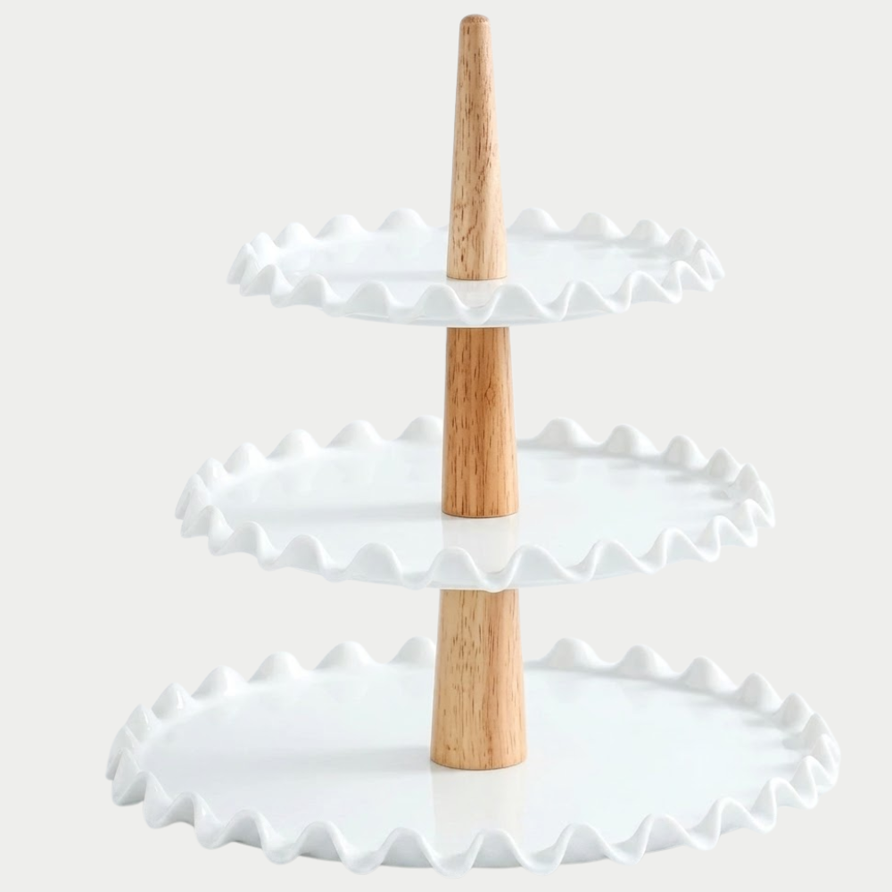 Bandeja Doble De Ceramica Con Madera 3 Niveles