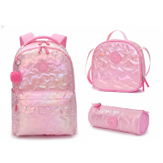 SET X 3 MOCHILA - LONCHERA - CARTUCHERA ROSA