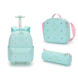 SET X 3 MOCHILA CON RUEDAS - LONCHERA -CARTUCHERA VERDE CON PUNTOS