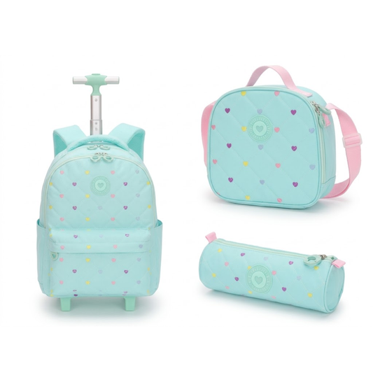 SET X 3 MOCHILA CON RUEDAS - LONCHERA -CARTUCHERA VERDE CON PUNTOS