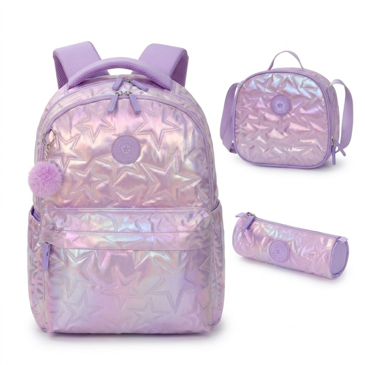 SET X 3 MOCHILA - LONCHERA - CARTUCHERA LILA