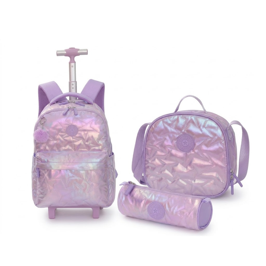 SET x3 MOCHILA CON RUEDAS - LONCHERA - CARTUCHERA LILA