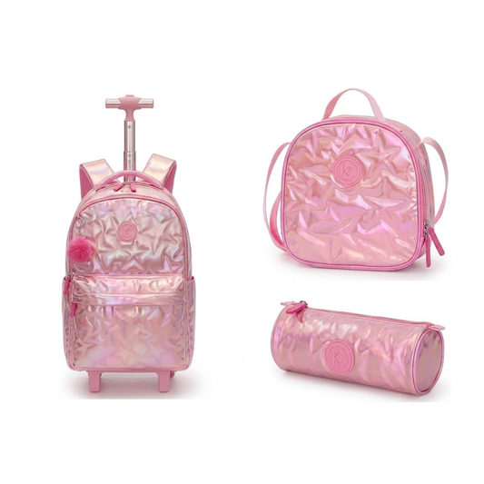 SET X 3 MOCHILA CON RUEDAS- LONCHERA - CARTUCHERA ROSA