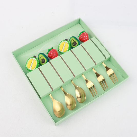 Set De 3 Cucharas + 3 Tenedores Dorado De Fruta
