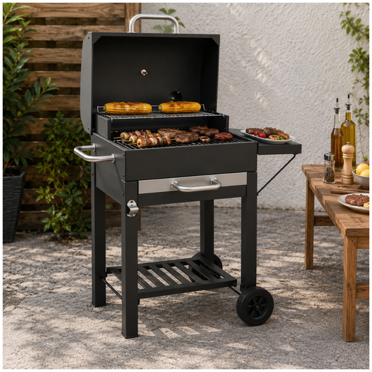 PARRILLA A CARBÓN CON MESA LATERAL DE ACERO