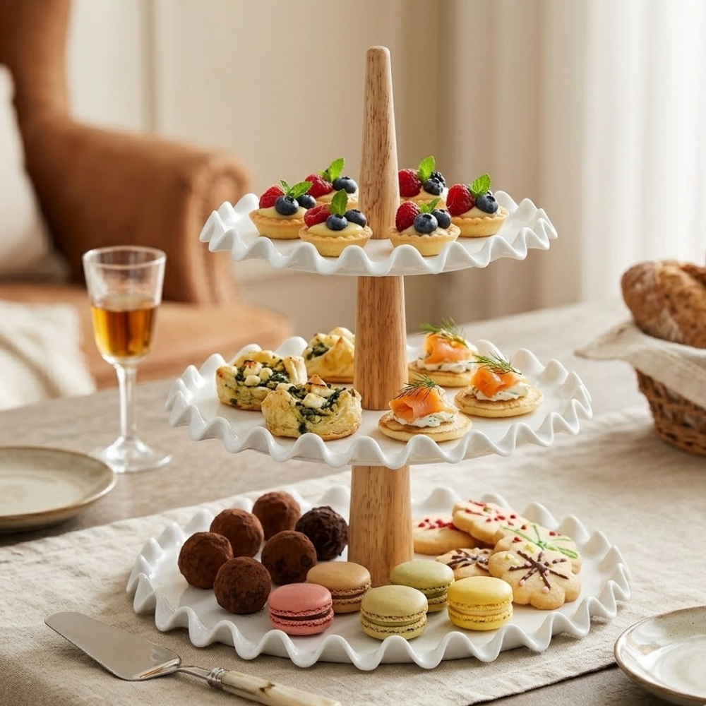 Bandeja Doble De Ceramica Con Madera 3 Niveles