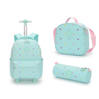 SET X 3 MOCHILA CON RUEDAS - LONCHERA -CARTUCHERA VERDE CON PUNTOS