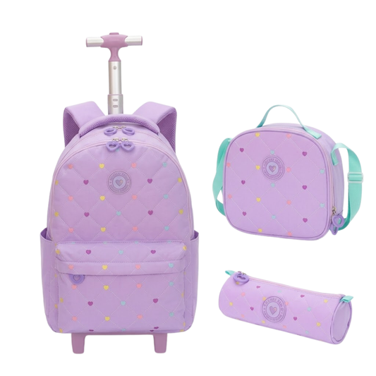Set x3 Mochila con Ruedas - Lonchera - Cartuchera Lila con Puntos